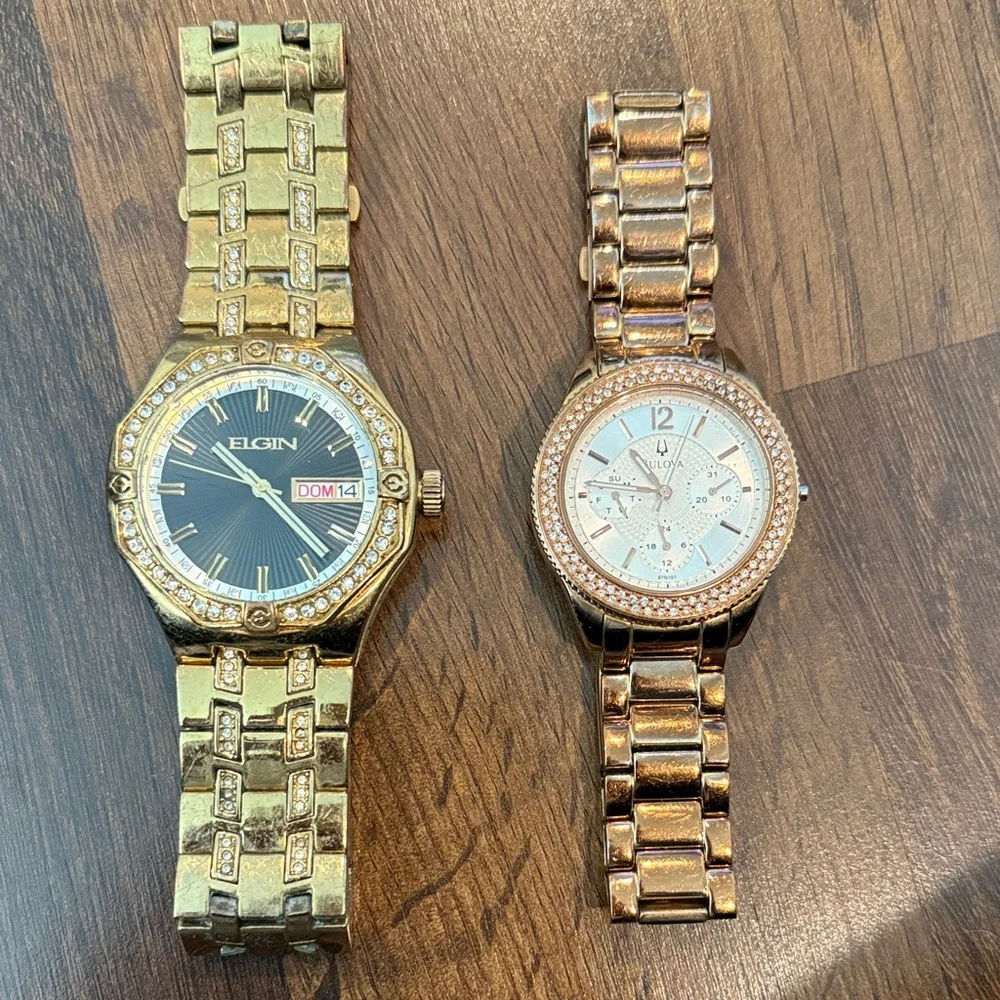 Two Watch Lot - Elgin Gold-Tone Stone Accented and Bulova Stainless Steel Watch